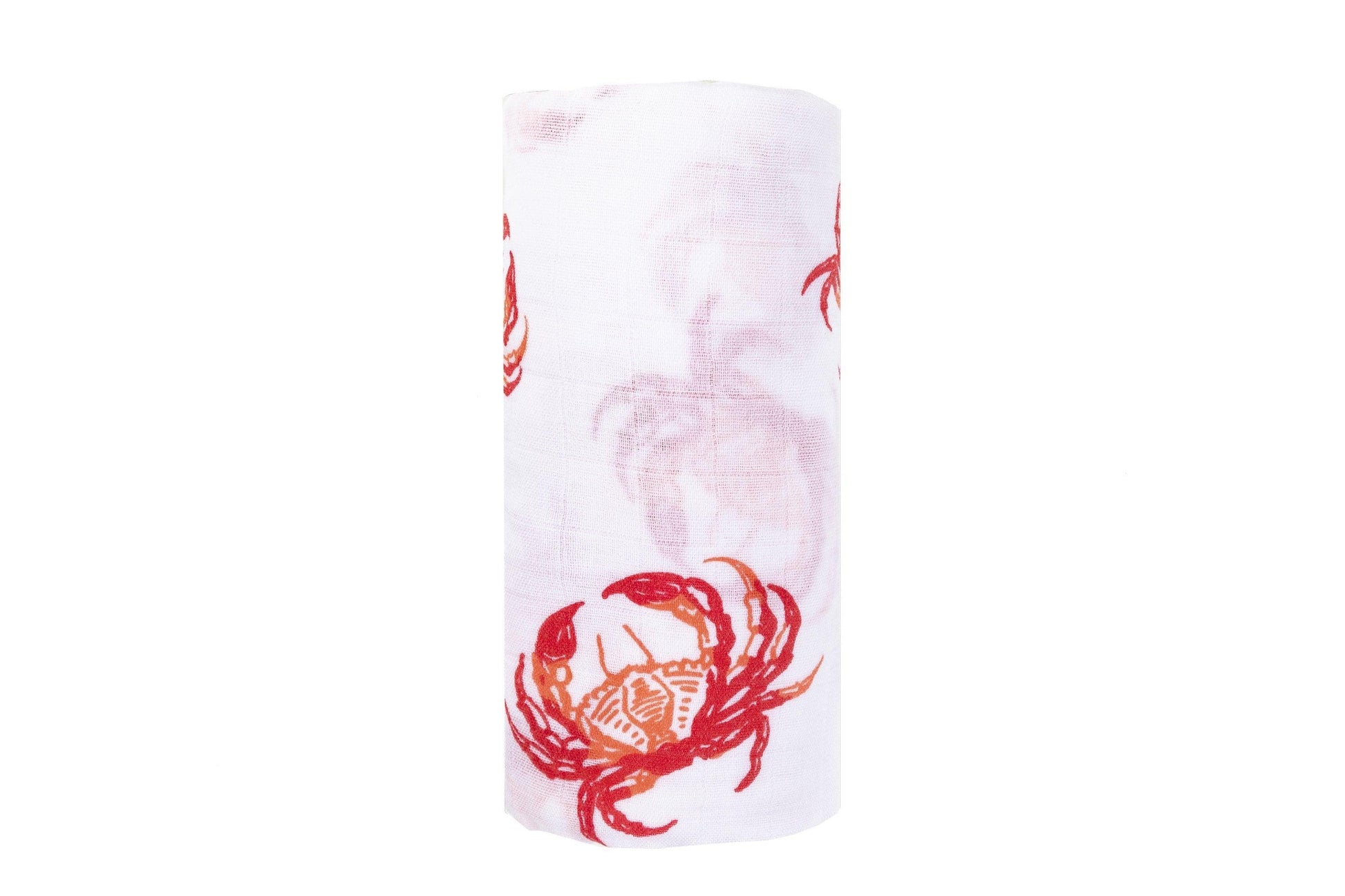 Soft pink muslin swaddle blanket with cute crab illustrations, perfect for newborns and baby showers.