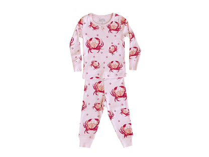 Pink children's pajamas with playful crab illustrations, featuring a cozy long-sleeve top and matching pants.