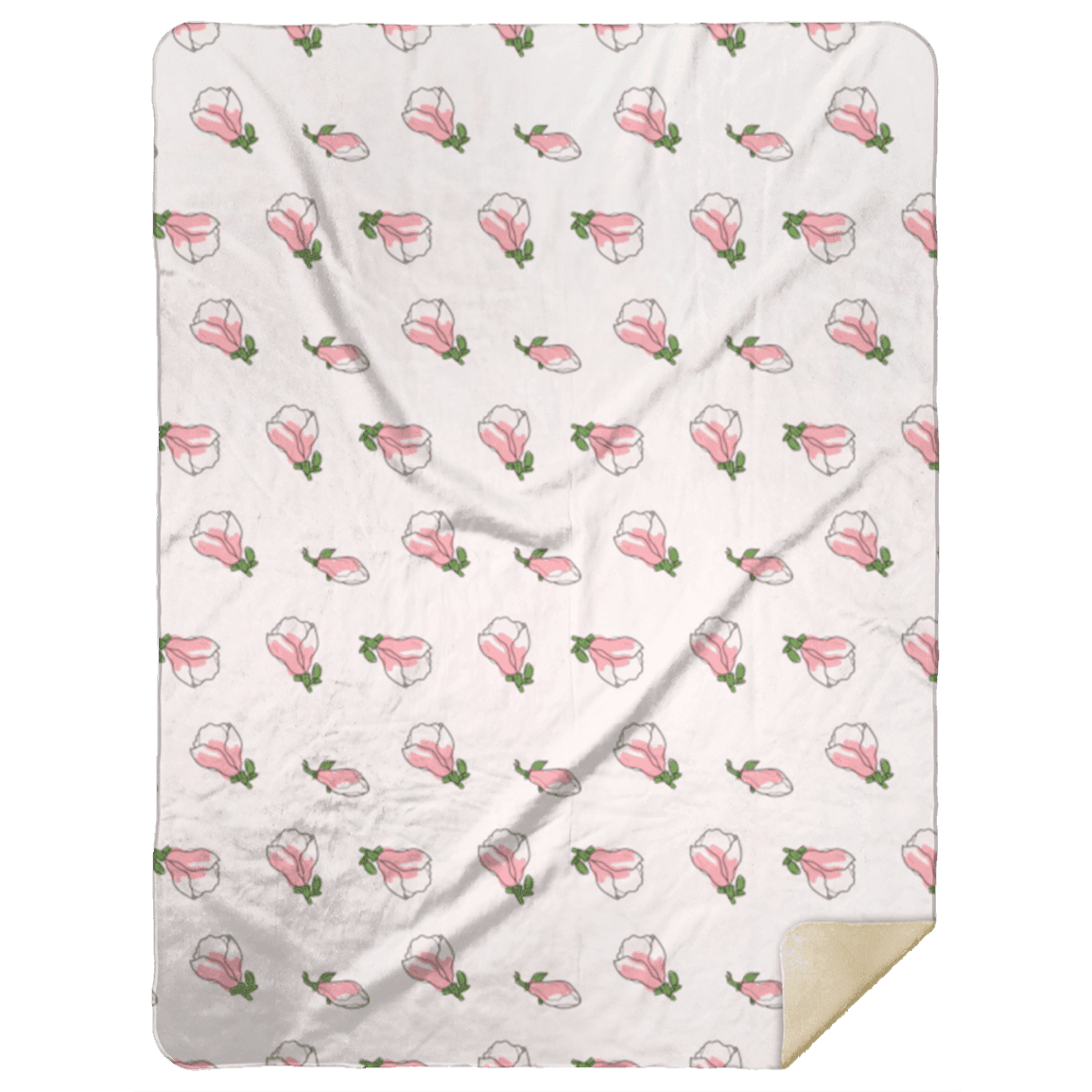 Pink magnolia flowers on a plush throw blanket, 60x80 inches, by Little Hometown, set against a white background.