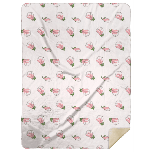 Pink magnolia flowers on a plush throw blanket, 60x80 inches, by Little Hometown, set against a white background.