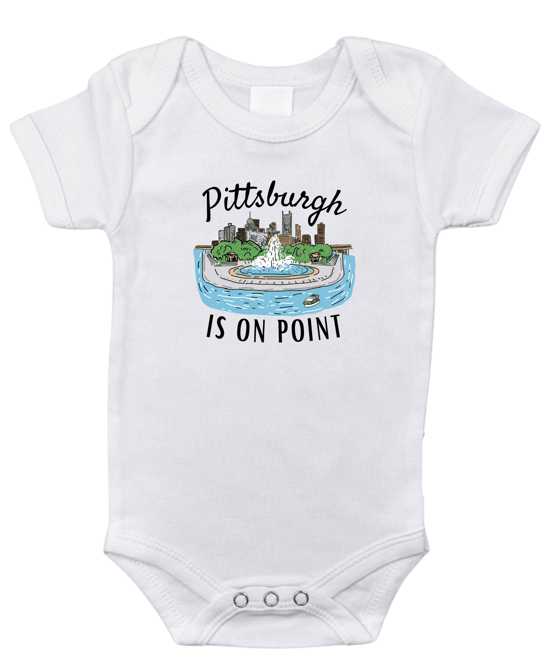 White baby onesie with "Pittsburgh is on point" in black text, featuring a yellow and black Pittsburgh skyline.