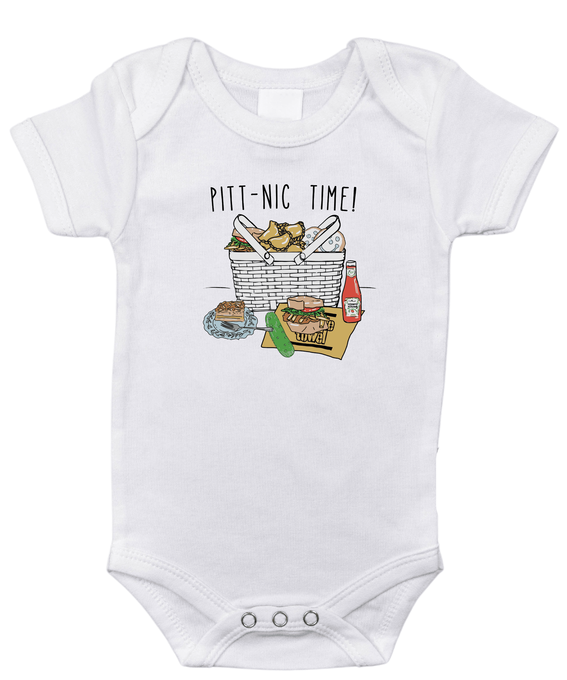White baby onesie with "Pittsburgh Picnic" text and illustrated pierogi, ketchup bottle, and pickle.