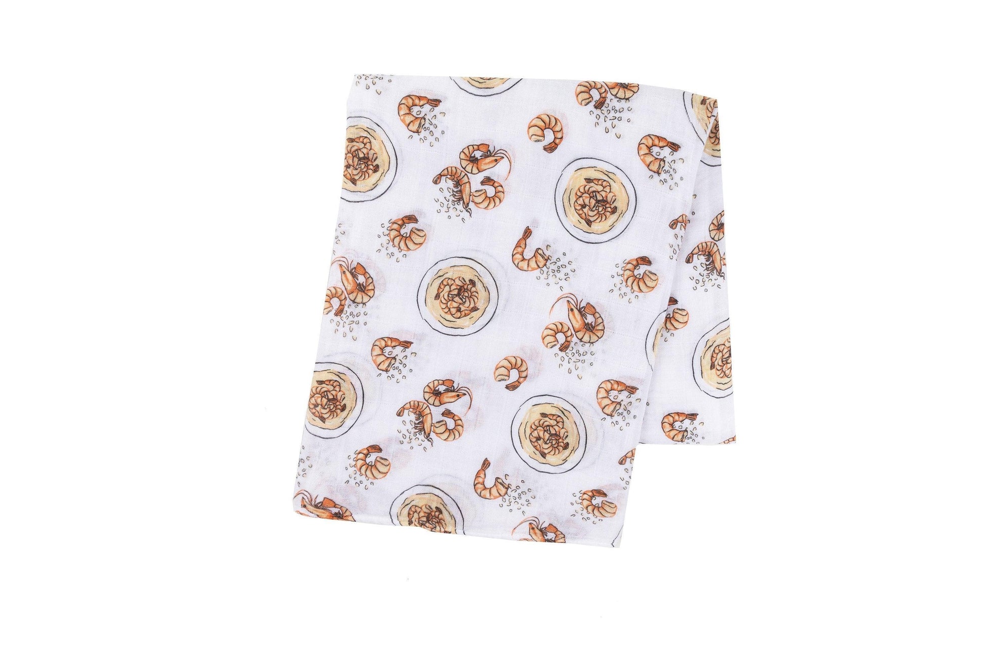 Soft muslin baby swaddle blanket with playful shrimp and grits pattern, featuring pastel colors and whimsical design.