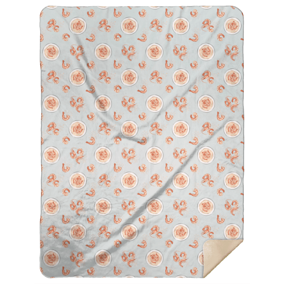 Plush throw blanket featuring a whimsical shrimp and grits design on a soft, cozy fabric, measuring 60x80 inches.