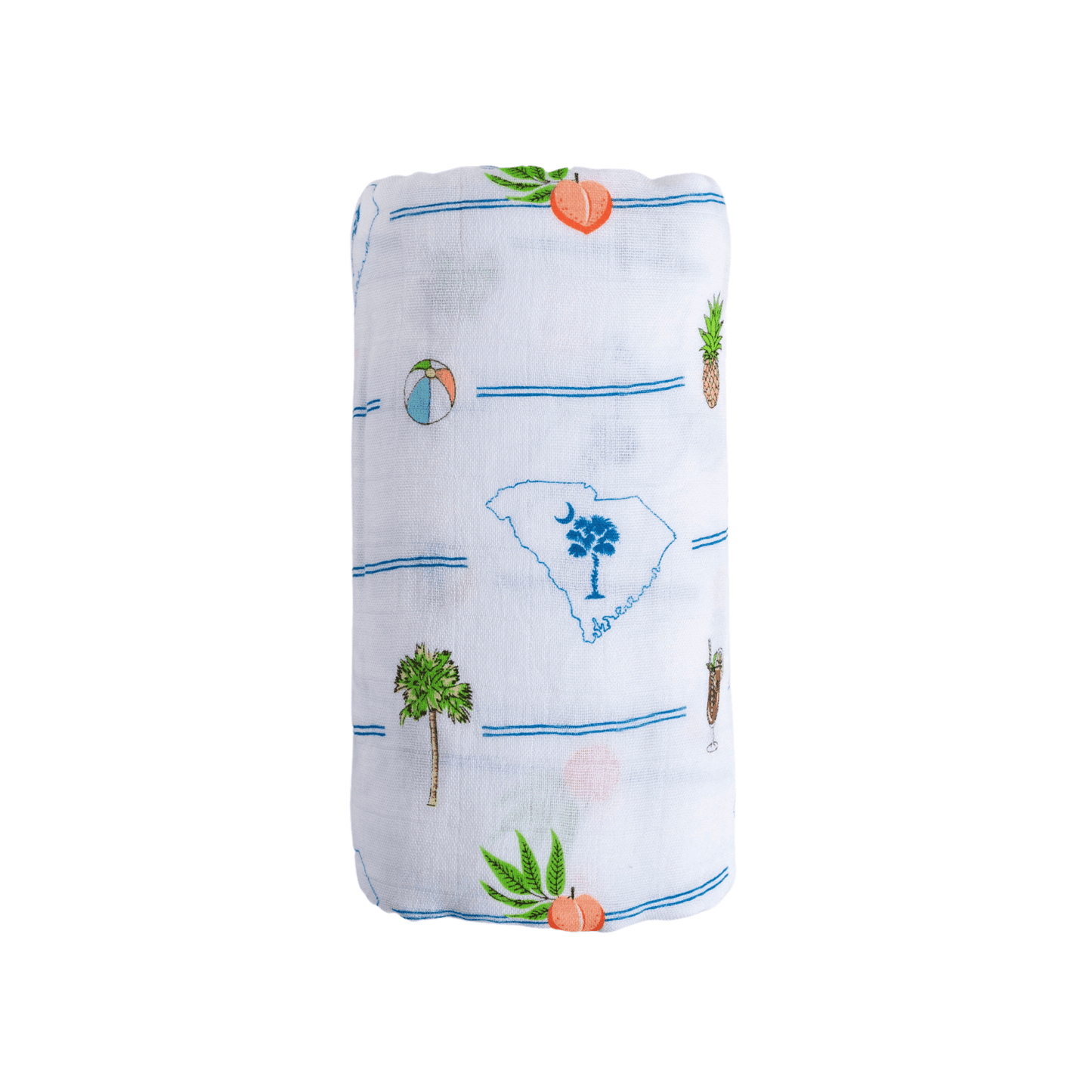 White muslin swaddle blanket with a colorful map of South Carolina, featuring landmarks, animals, and state symbols.