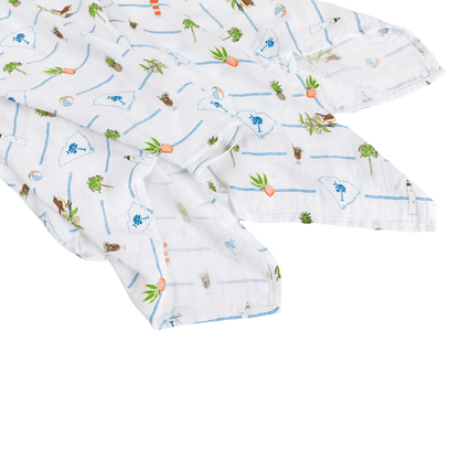 White muslin baby swaddle blanket featuring a colorful map of South Carolina with landmarks and icons.