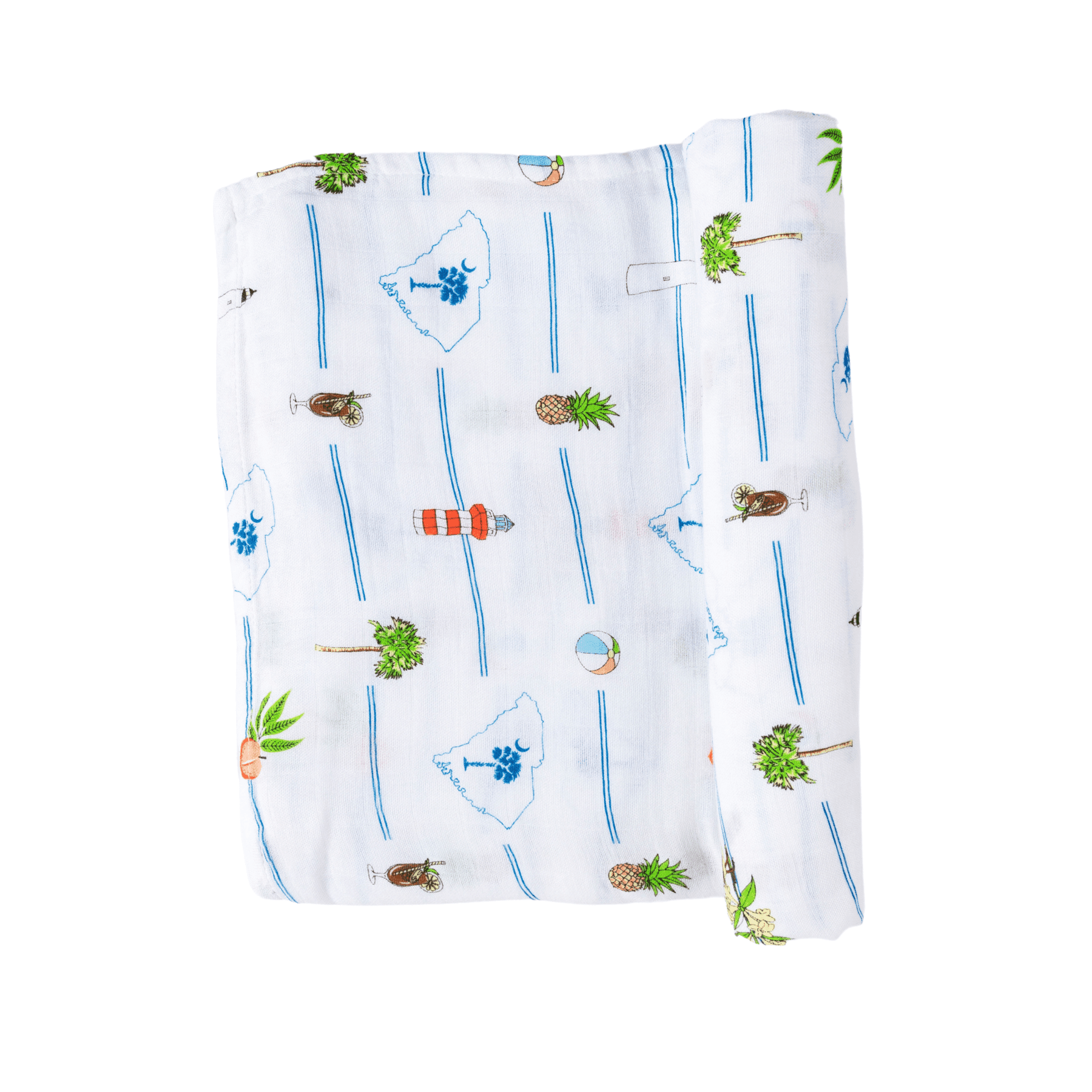 White muslin swaddle blanket with a colorful map of South Carolina, featuring landmarks and playful illustrations.