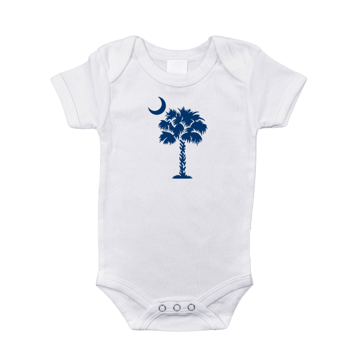 White baby onesie with a blue palmetto tree and crescent moon, text reads "South Carolina" in blue.