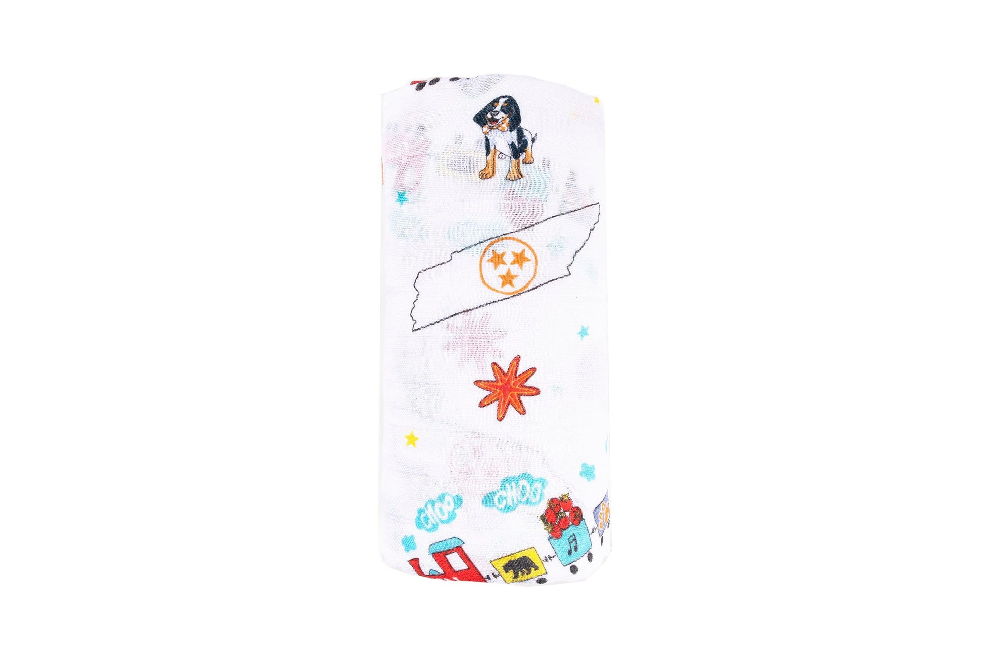 Tennessee-themed baby muslin swaddle blanket with state icons like guitars, horses, and musical notes in soft pastel colors.