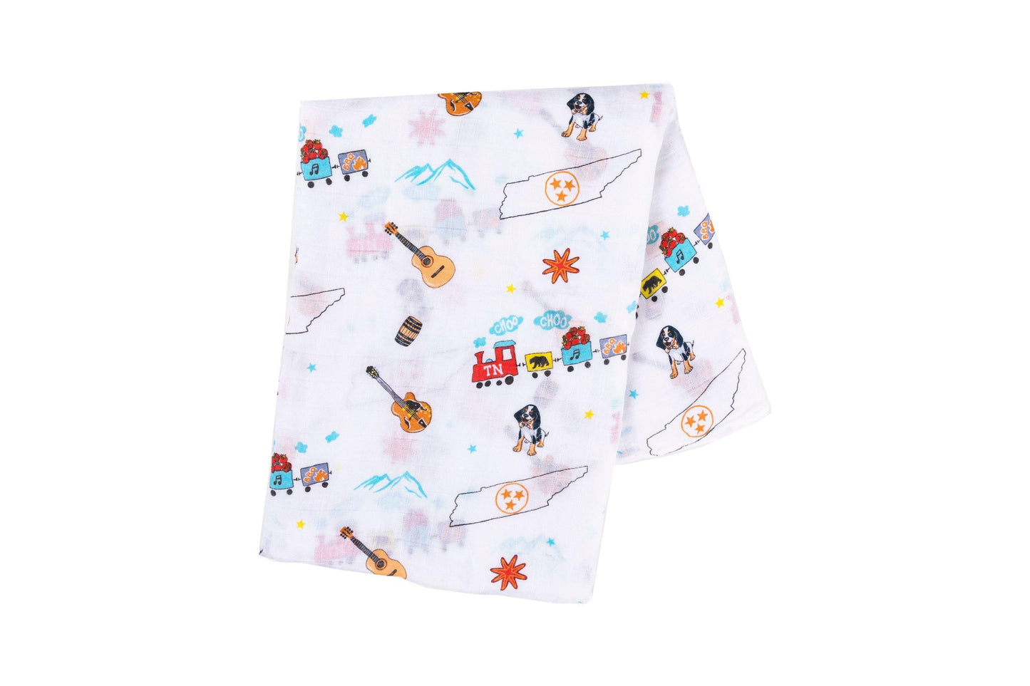 Tennessee-themed baby muslin swaddle blanket with state icons and landmarks in soft pastel colors.