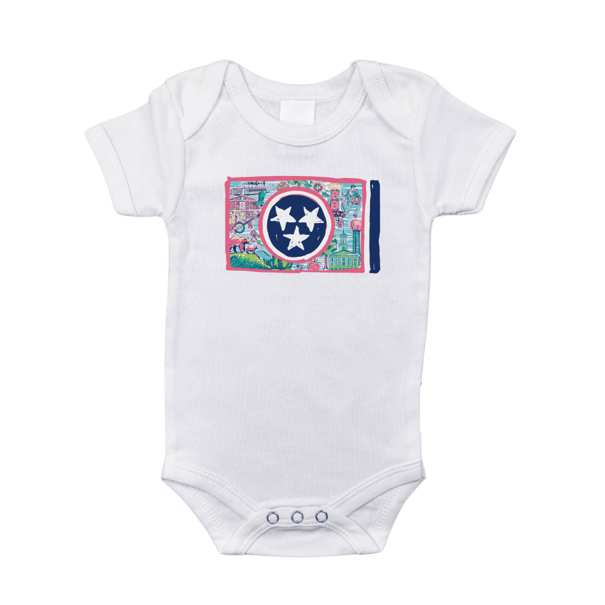 Red baby onesie with "Tennessee" and state flag design, featuring three white stars in a blue circle.