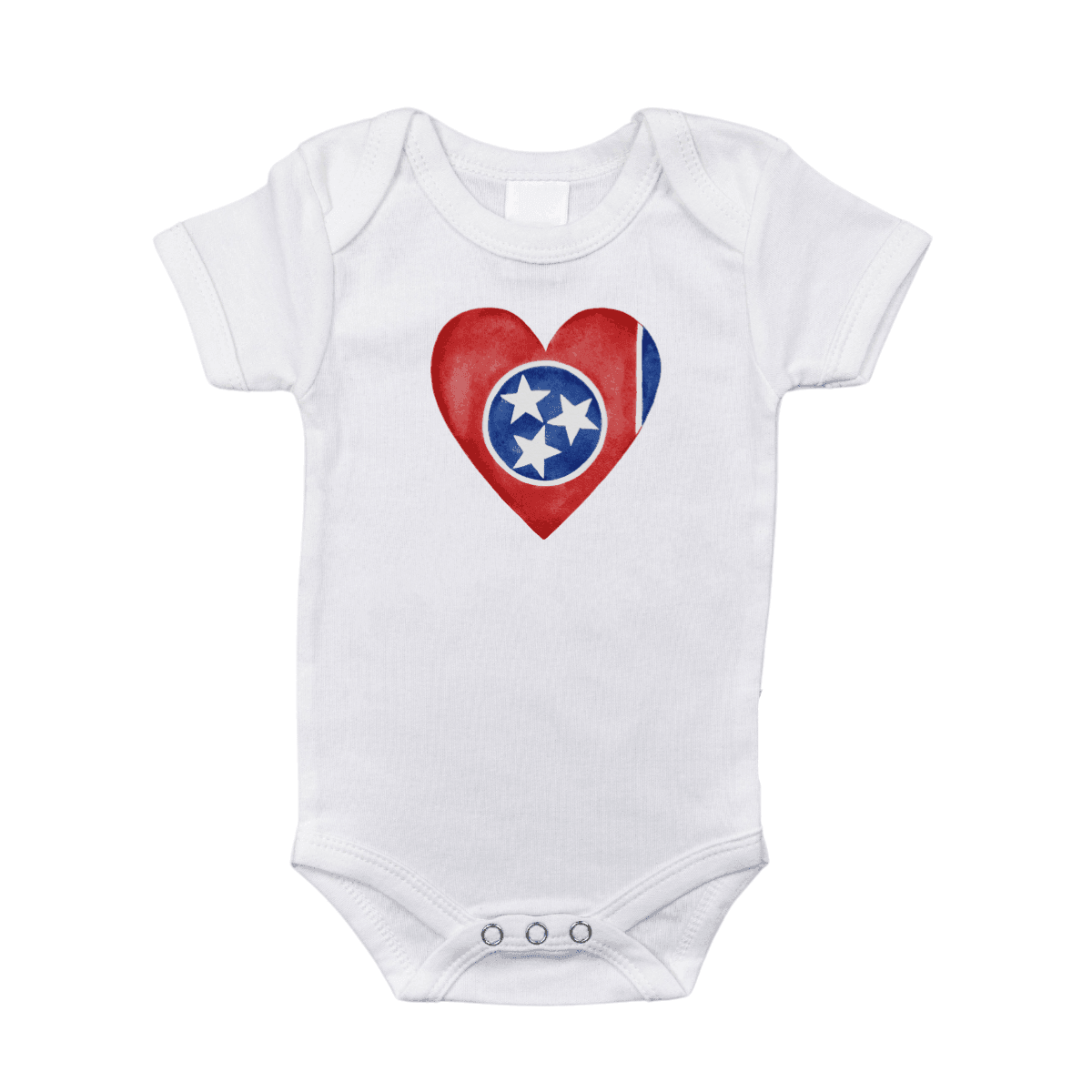 White baby onesie with a red heart and "Tennessee" text, evoking state pride and love for Tennessee.
