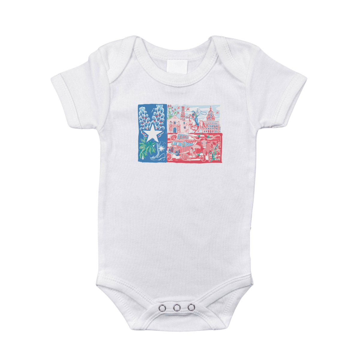 White baby onesie with "Texas Pride" in bold red and blue letters, featuring a small Texas flag graphic.