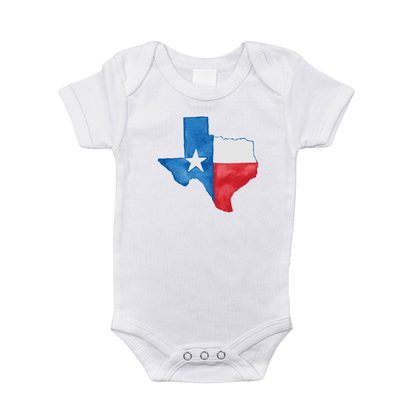 White baby onesie with a watercolor Texas map in blue and green, featuring "Texas" in cursive text.