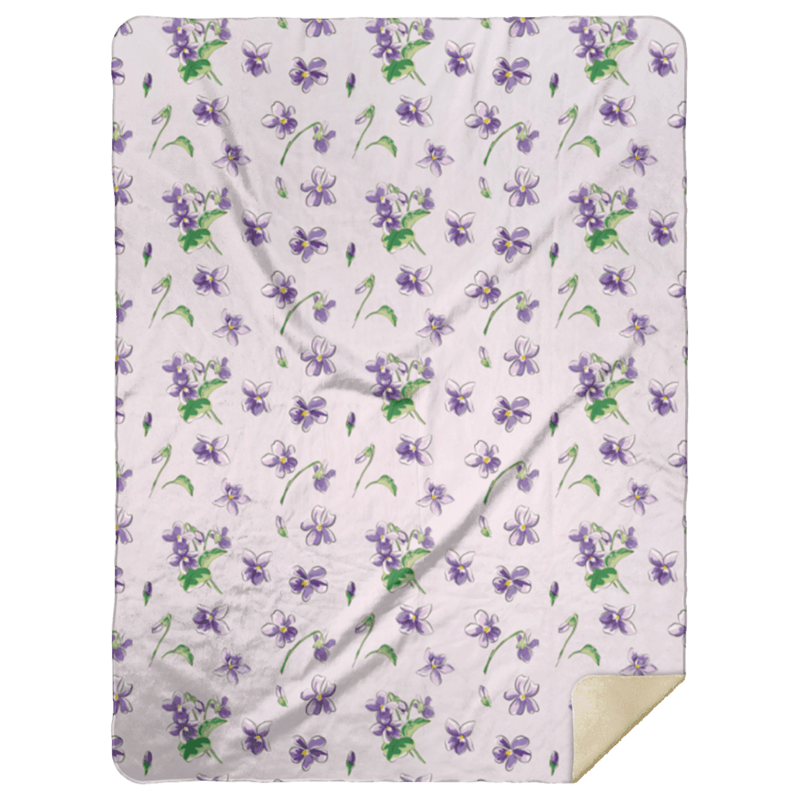 Soft plush throw blanket with a pattern of delicate violets and green leaves on a white background, 60x80 inches.