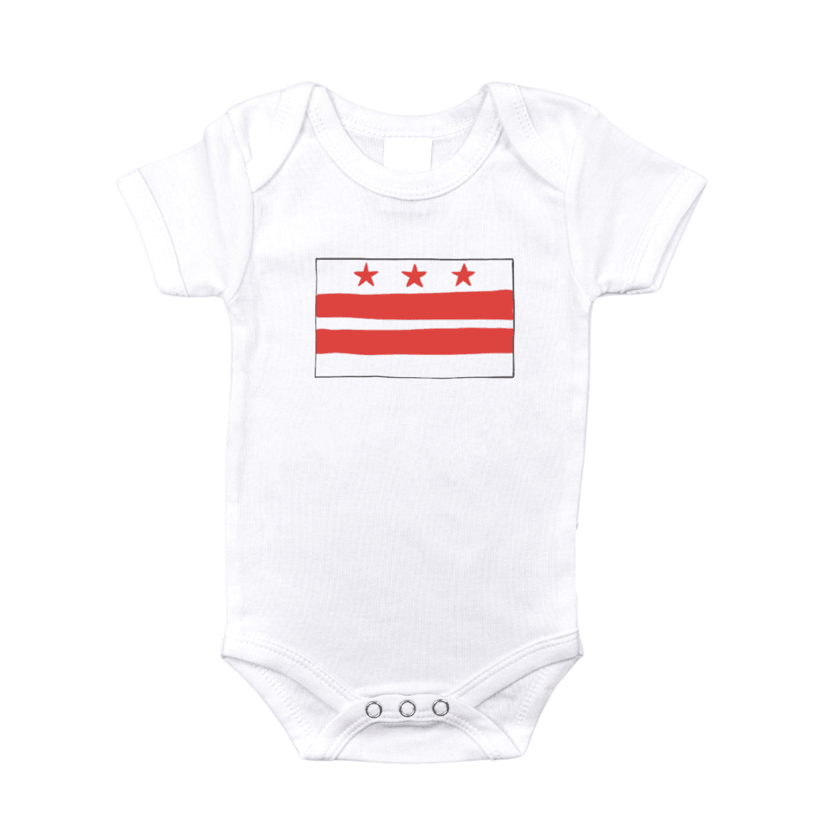 White baby onesie with Washington D.C. flag design, featuring three red stars above two red stripes.