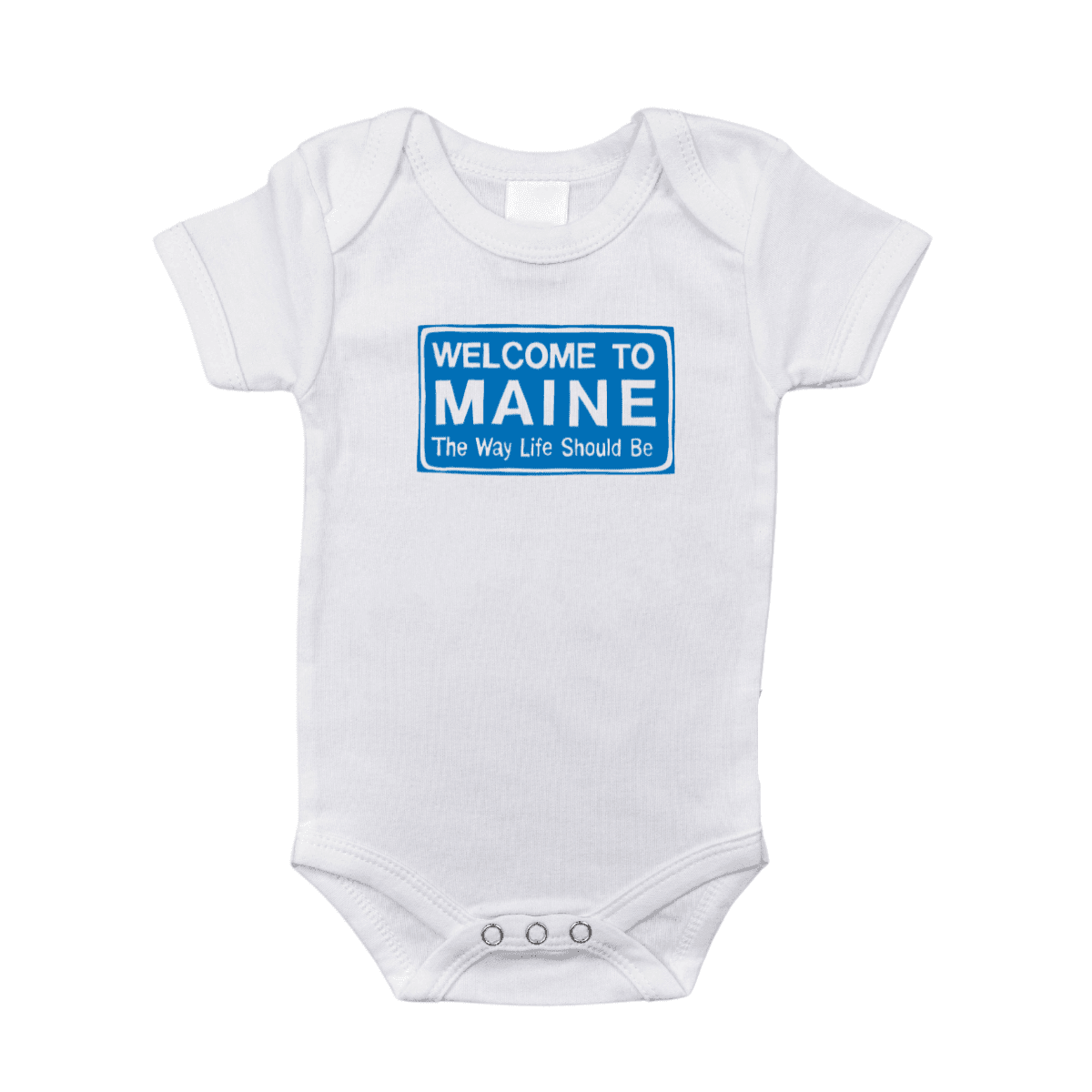 White baby onesie with "Welcome to Maine" and a lobster graphic, set against a plain background.