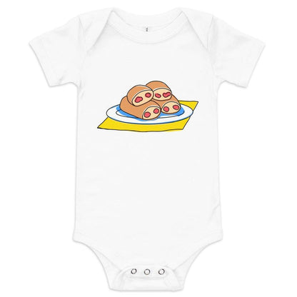 Baby onesie in white with a West Virginia Pepperoni Roll featuring a cute pepperoni roll graphic on the front.